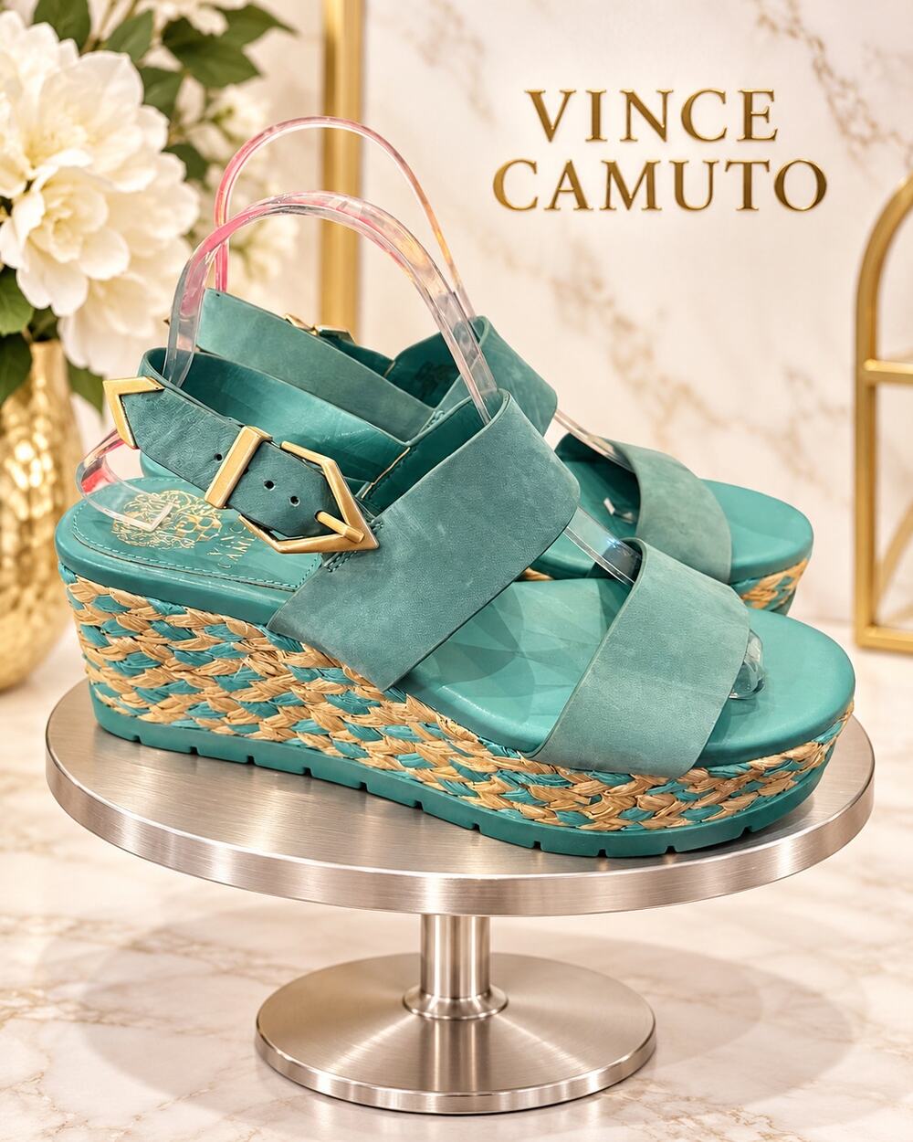 Vince Camuto Miapelle Teal Leather Platform Wedge Sandals Size 9M EU 40